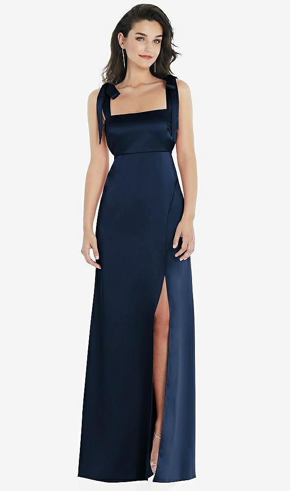 Front View - Midnight Navy Flat Tie-Shoulder Empire Waist Maxi Dress with Front Slit