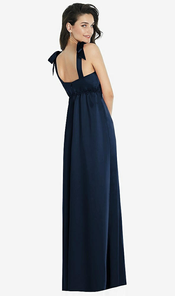 Back View - Midnight Navy Flat Tie-Shoulder Empire Waist Maxi Dress with Front Slit