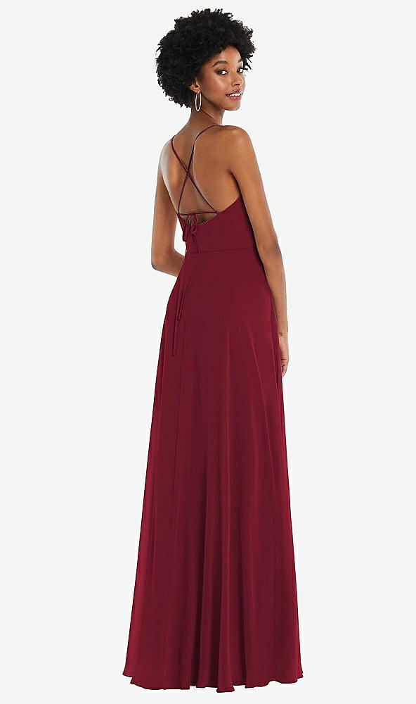 Back View - Burgundy Scoop Neck Convertible Tie-Strap Maxi Dress with Front Slit