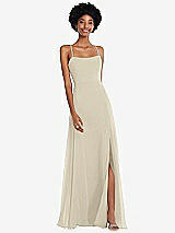 Front View Thumbnail - Champagne Scoop Neck Convertible Tie-Strap Maxi Dress with Front Slit