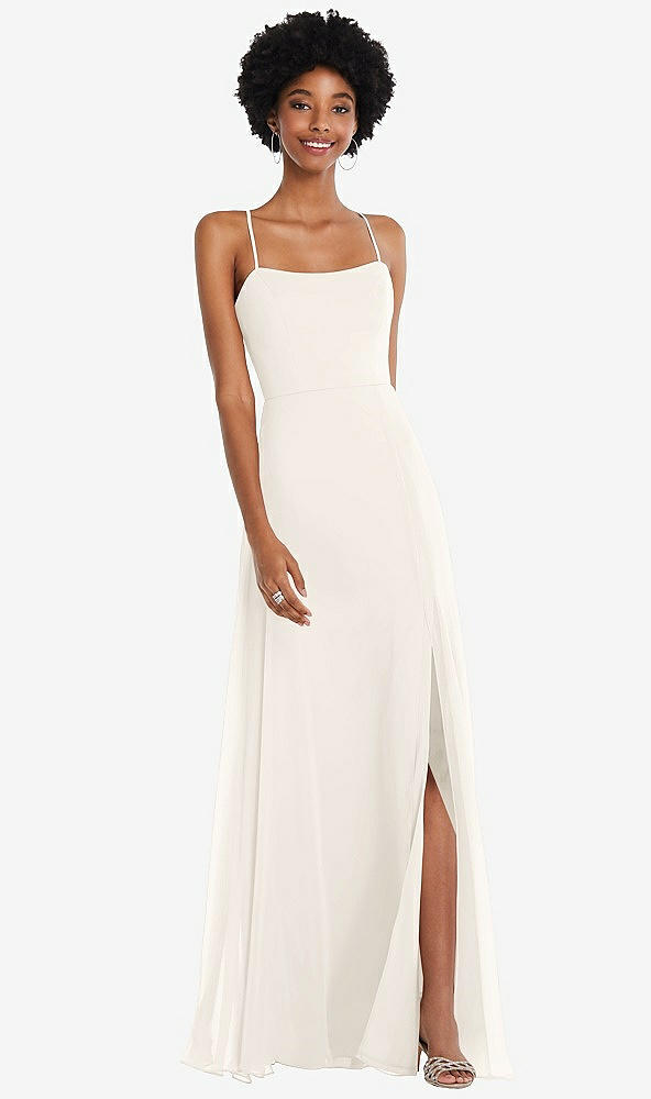 Front View - Ivory Scoop Neck Convertible Tie-Strap Maxi Dress with Front Slit