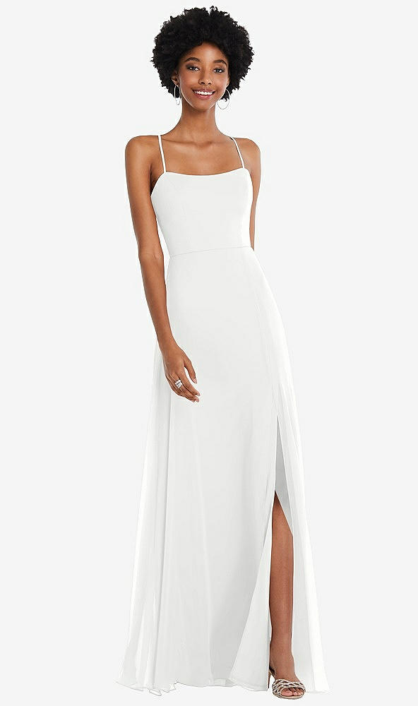 Front View - White Scoop Neck Convertible Tie-Strap Maxi Dress with Front Slit