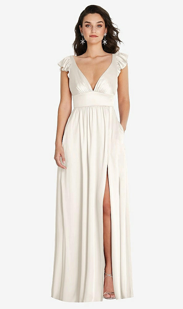 Front View - Ivory Deep V-Neck Ruffle Cap Sleeve Maxi Dress with Convertible Straps