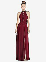 Front View Thumbnail - Burgundy Halter Backless Maxi Dress with Crystal Button Ruffle Placket