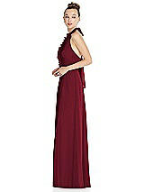 Side View Thumbnail - Burgundy Halter Backless Maxi Dress with Crystal Button Ruffle Placket