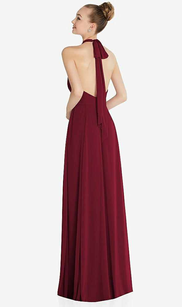 Back View - Burgundy Halter Backless Maxi Dress with Crystal Button Ruffle Placket