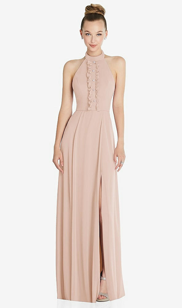 Front View - Cameo Halter Backless Maxi Dress with Crystal Button Ruffle Placket