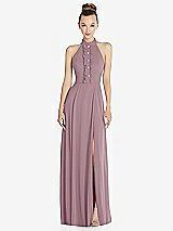 Front View Thumbnail - Dusty Rose Halter Backless Maxi Dress with Crystal Button Ruffle Placket