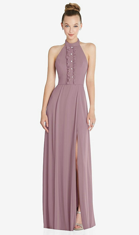 Front View - Dusty Rose Halter Backless Maxi Dress with Crystal Button Ruffle Placket