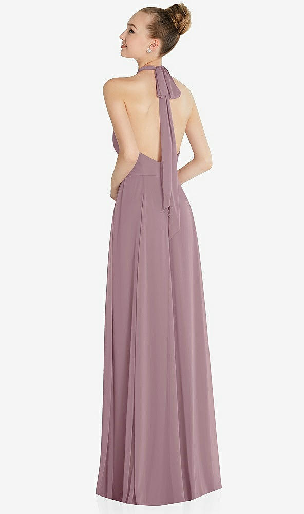 Back View - Dusty Rose Halter Backless Maxi Dress with Crystal Button Ruffle Placket
