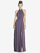 Front View Thumbnail - Lavender Halter Backless Maxi Dress with Crystal Button Ruffle Placket