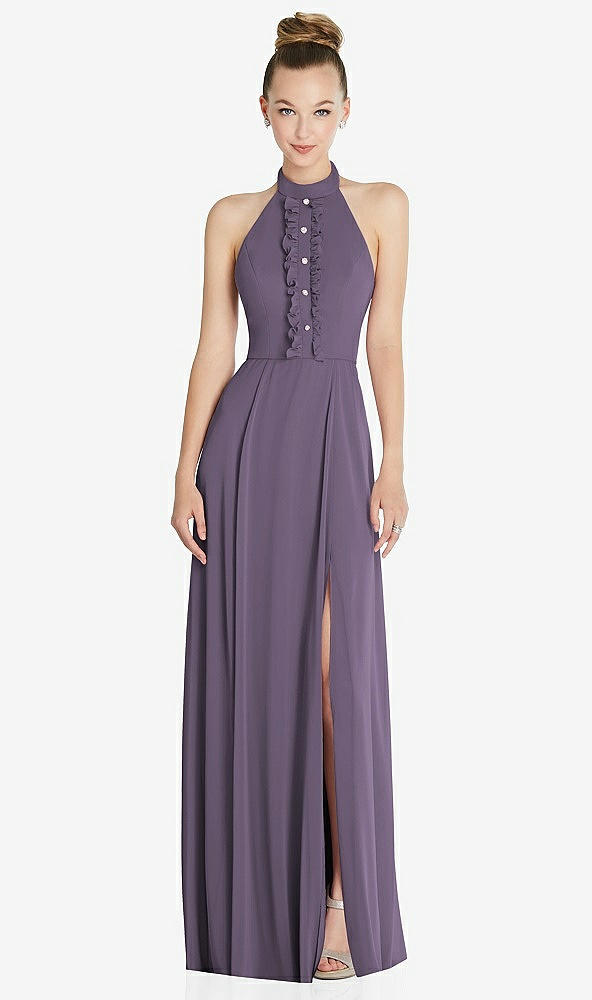 Front View - Lavender Halter Backless Maxi Dress with Crystal Button Ruffle Placket