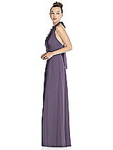 Side View Thumbnail - Lavender Halter Backless Maxi Dress with Crystal Button Ruffle Placket