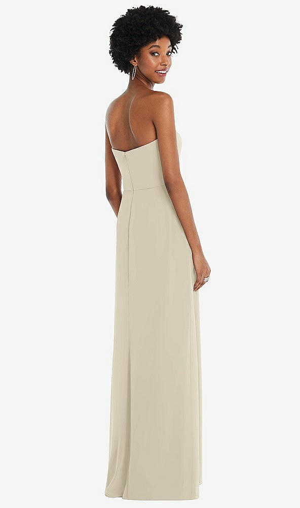 Back View - Champagne Strapless Sweetheart Maxi Dress with Pleated Front Slit 