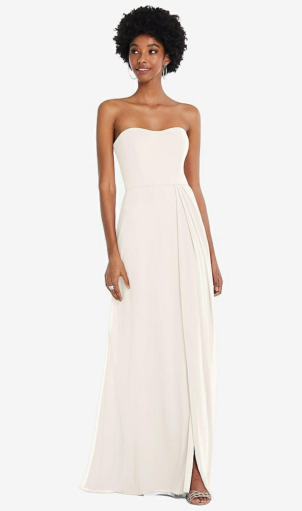 Front View - Ivory Strapless Sweetheart Maxi Dress with Pleated Front Slit 