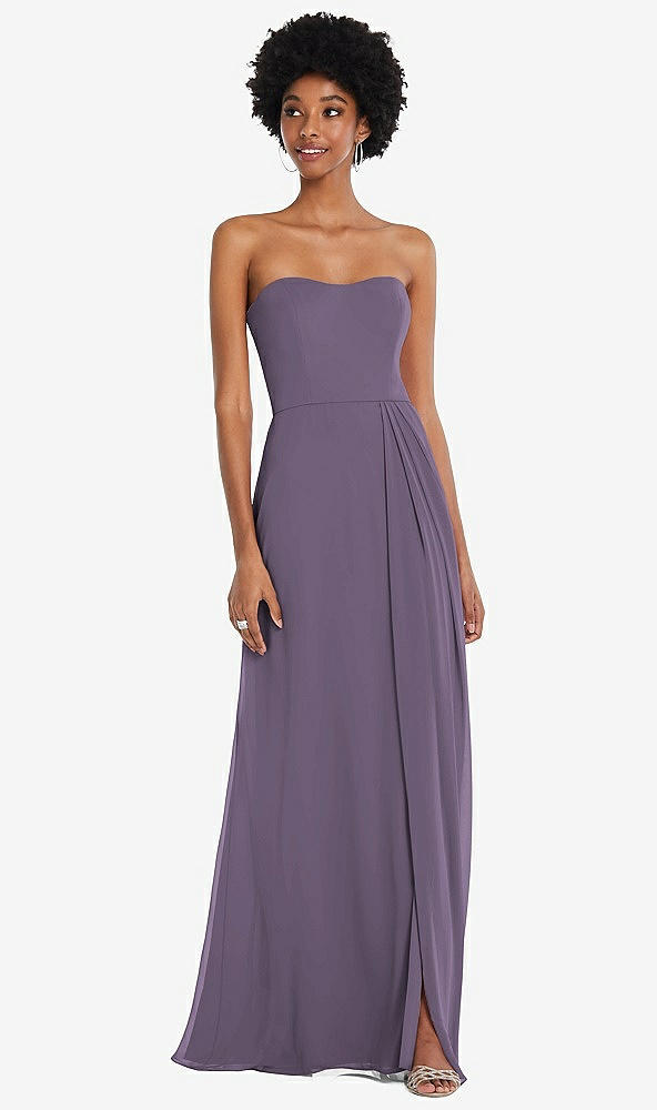 Front View - Lavender Strapless Sweetheart Maxi Dress with Pleated Front Slit 