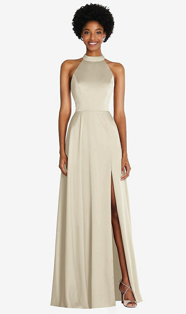 Front View - Champagne Stand Collar Cutout Tie Back Maxi Dress with Front Slit
