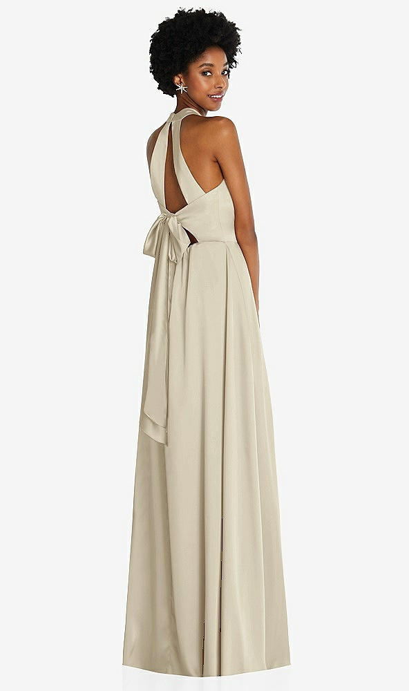 Back View - Champagne Stand Collar Cutout Tie Back Maxi Dress with Front Slit
