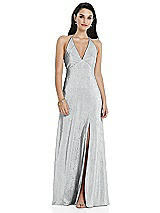 Alt View 1 Thumbnail - Silver Deep V-Neck Metallic Gown with Convertible Straps