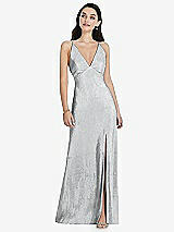 Front View Thumbnail - Silver Deep V-Neck Metallic Gown with Convertible Straps
