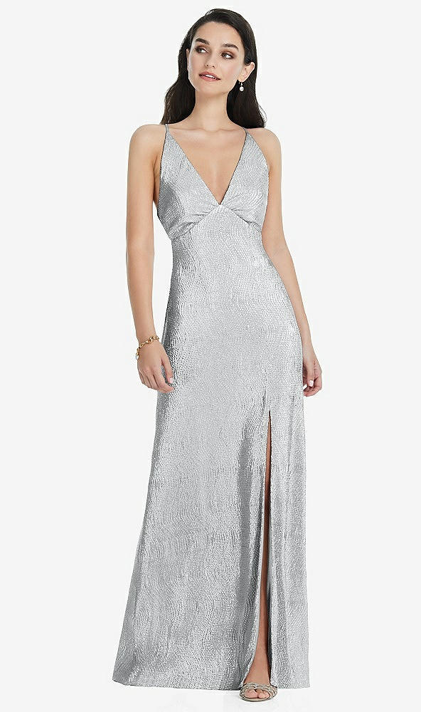 Front View - Silver Deep V-Neck Metallic Gown with Convertible Straps