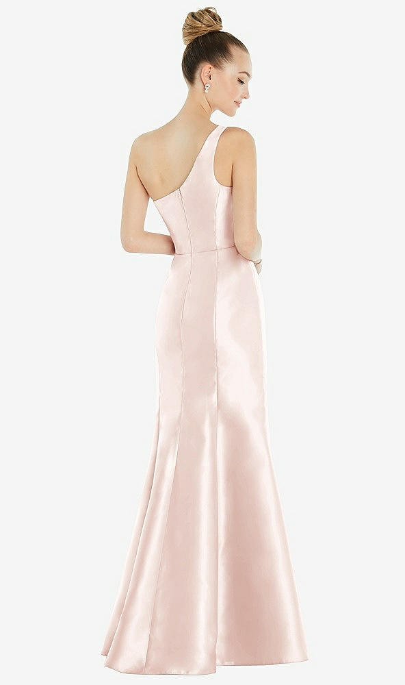 Back View - Blush Draped One-Shoulder Satin Trumpet Gown with Front Slit