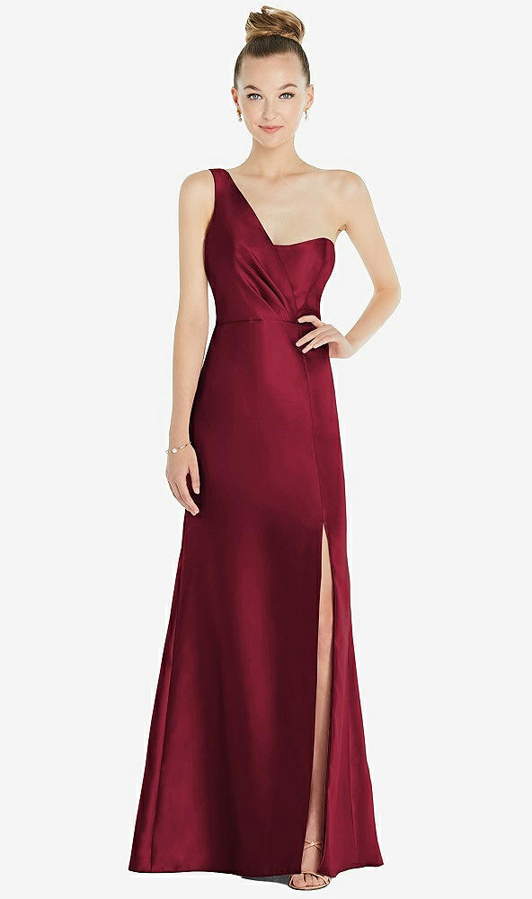 Front View - Burgundy Draped One-Shoulder Satin Trumpet Gown with Front Slit