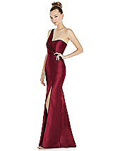 Side View Thumbnail - Burgundy Draped One-Shoulder Satin Trumpet Gown with Front Slit