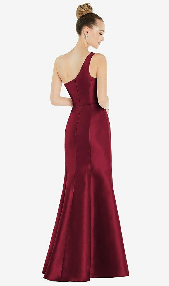 Back View - Burgundy Draped One-Shoulder Satin Trumpet Gown with Front Slit