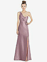 Front View Thumbnail - Dusty Rose Draped One-Shoulder Satin Trumpet Gown with Front Slit