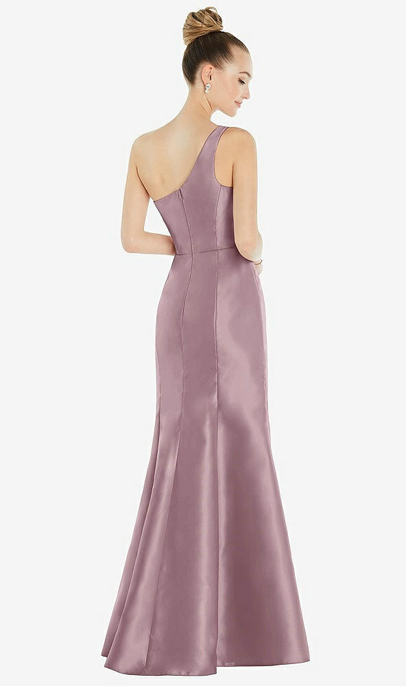 Back View - Dusty Rose Draped One-Shoulder Satin Trumpet Gown with Front Slit