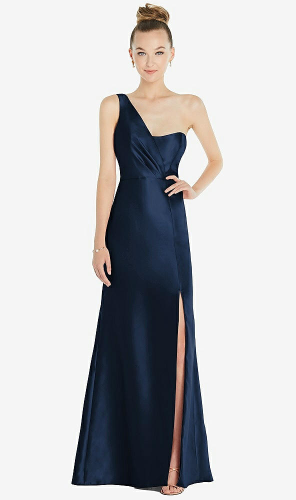 Front View - Midnight Navy Draped One-Shoulder Satin Trumpet Gown with Front Slit