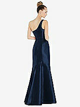Rear View Thumbnail - Midnight Navy Draped One-Shoulder Satin Trumpet Gown with Front Slit