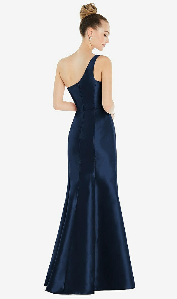 Back View - Midnight Navy Draped One-Shoulder Satin Trumpet Gown with Front Slit