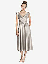 Front View Thumbnail - Taupe Cap Sleeve Faux Wrap Satin Midi Dress with Pockets