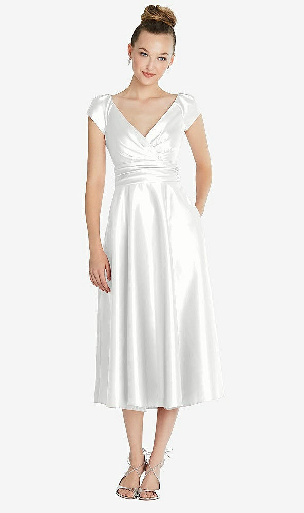Front View - White Cap Sleeve Faux Wrap Satin Midi Dress with Pockets