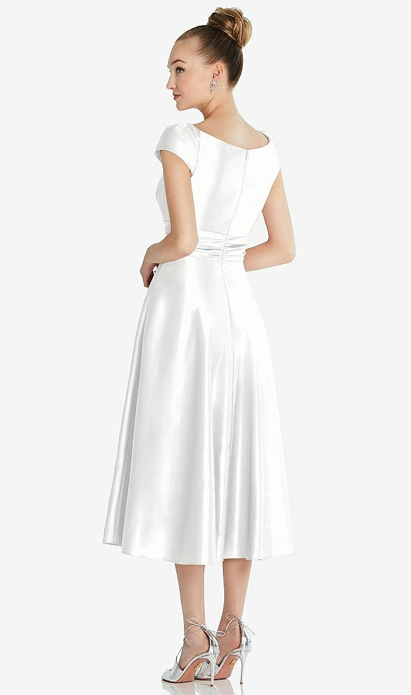 Back View - White Cap Sleeve Faux Wrap Satin Midi Dress with Pockets