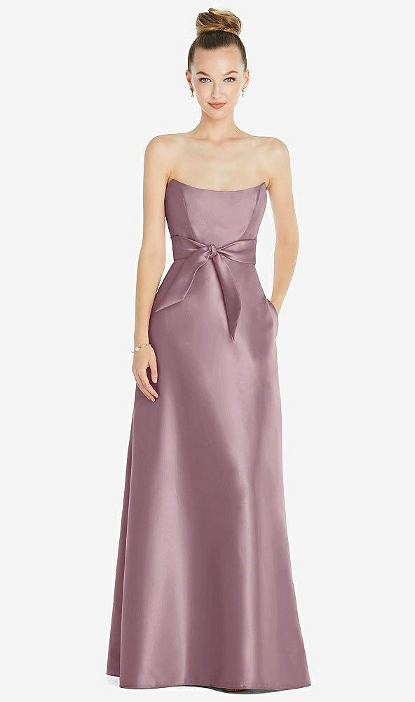 Front View - Dusty Rose Basque-Neck Strapless Satin Gown with Mini Sash