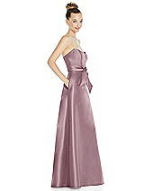 Side View Thumbnail - Dusty Rose Basque-Neck Strapless Satin Gown with Mini Sash