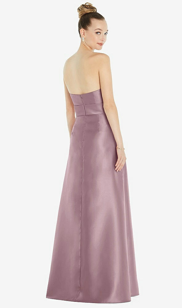Back View - Dusty Rose Basque-Neck Strapless Satin Gown with Mini Sash