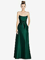 Front View Thumbnail - Hunter Green Basque-Neck Strapless Satin Gown with Mini Sash