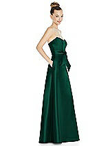 Side View Thumbnail - Hunter Green Basque-Neck Strapless Satin Gown with Mini Sash