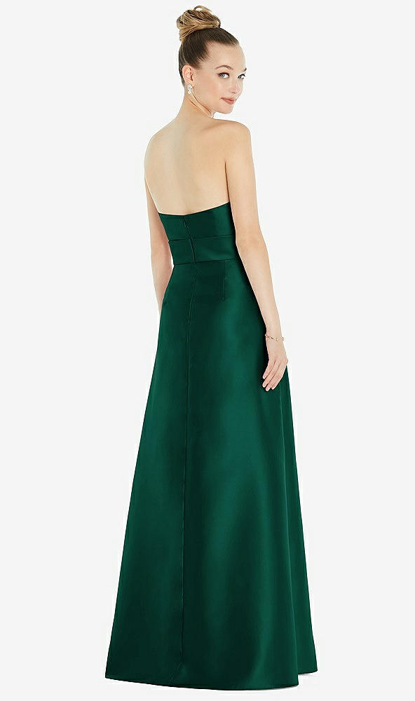 Back View - Hunter Green Basque-Neck Strapless Satin Gown with Mini Sash