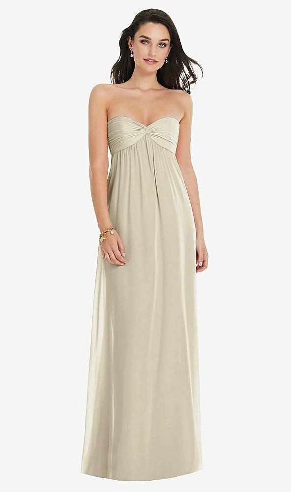 Front View - Champagne Twist Shirred Strapless Empire Waist Gown with Optional Straps