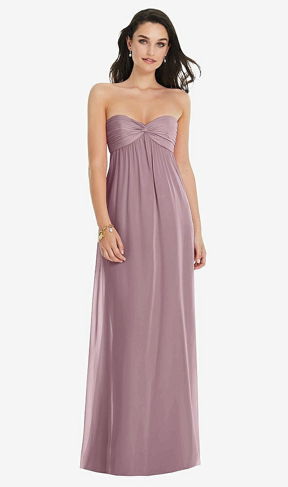 Front View - Dusty Rose Twist Shirred Strapless Empire Waist Gown with Optional Straps