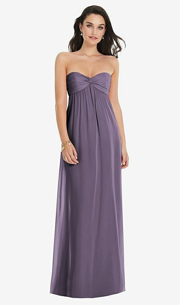 Front View - Lavender Twist Shirred Strapless Empire Waist Gown with Optional Straps