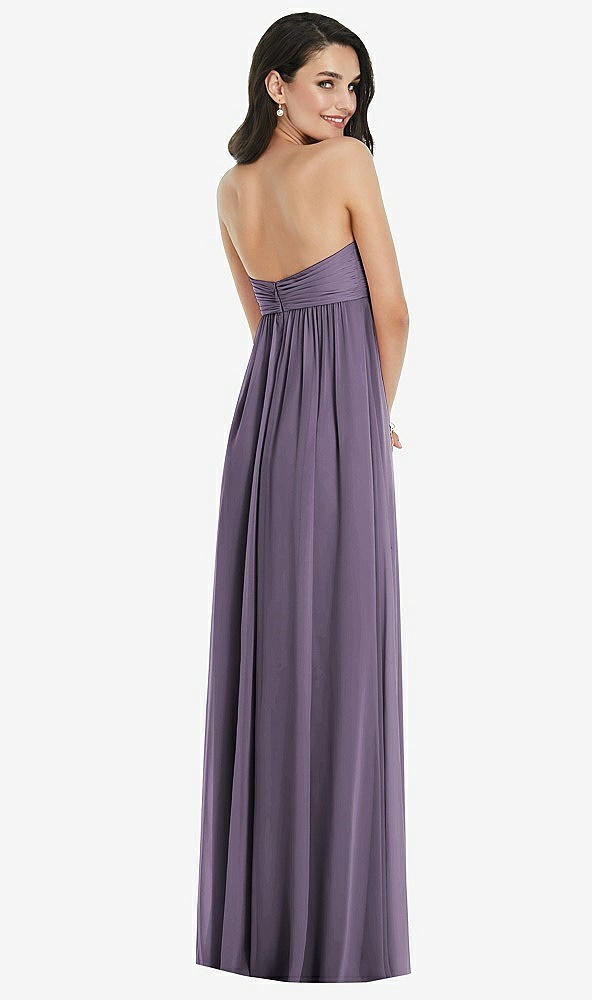 Back View - Lavender Twist Shirred Strapless Empire Waist Gown with Optional Straps