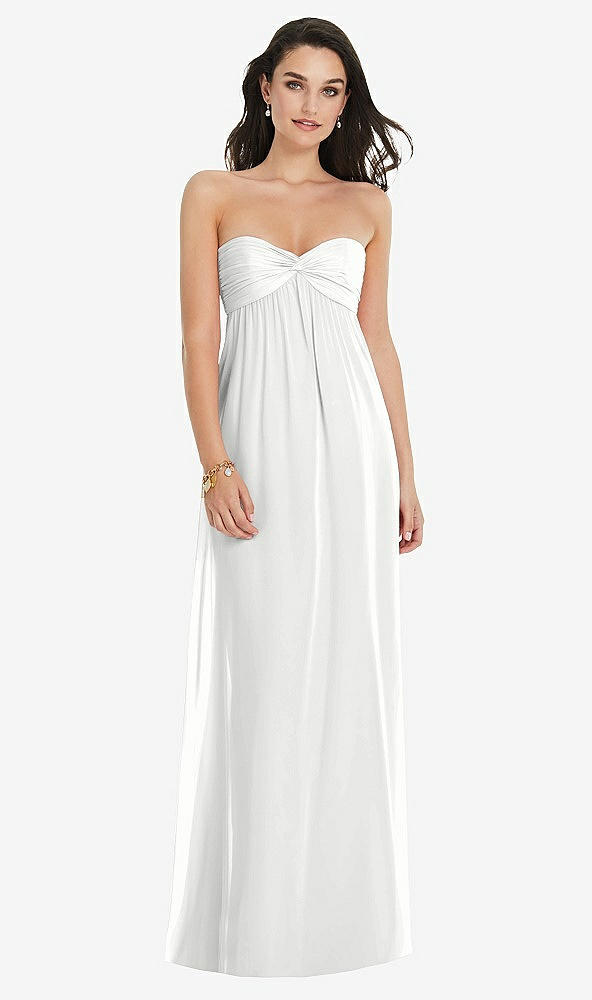Front View - White Twist Shirred Strapless Empire Waist Gown with Optional Straps