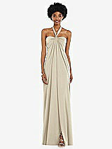 Front View Thumbnail - Champagne Draped Satin Grecian Column Gown with Convertible Straps