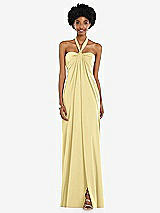 Front View Thumbnail - Pale Yellow Draped Satin Grecian Column Gown with Convertible Straps